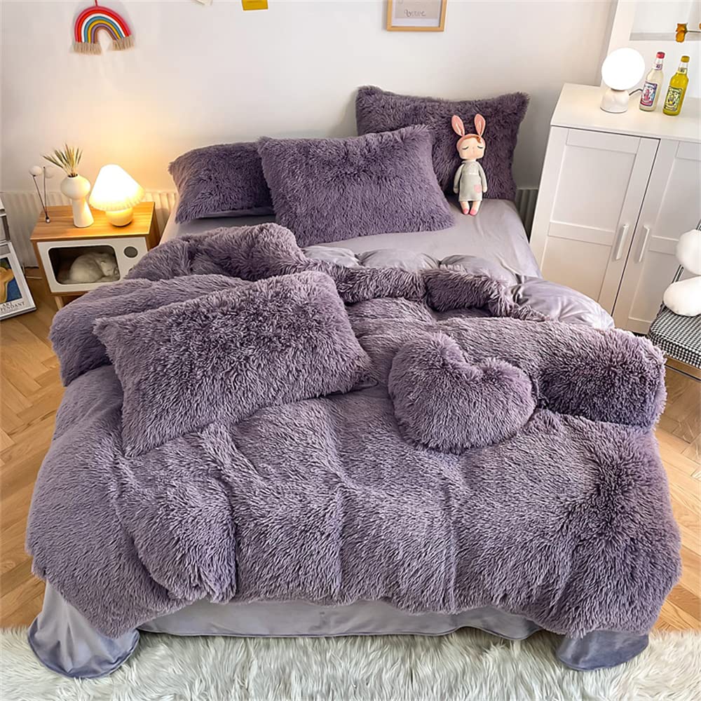 Chovy Faux Fur Plush Purple Comforter Sets Queen - Ultra Soft Shaggy Flannel Velvet Fluffy Fuzzy 3Pc Bedding Set (Comforter X 1